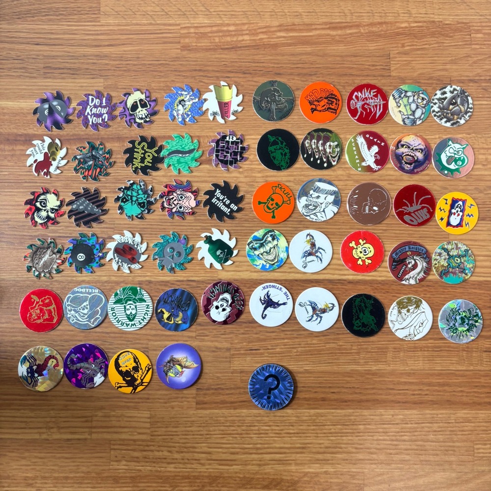 Vintage Pog Milk Cap Lot 55 Pieces Sawblade Slammer Skulls Poison Pogs Used